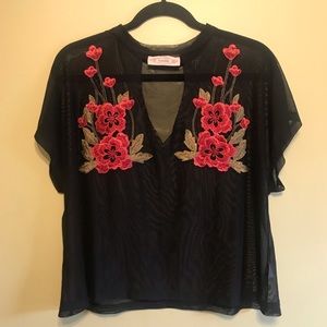 Twinkle Black Sheer Trendy Top Floral V-Neck Sz L